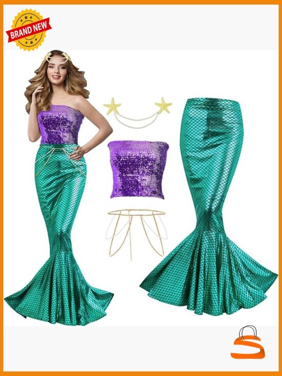 Other - Sequin Mermaid Costume Set with Tube Top, Skirt, Waist & Head Chains for